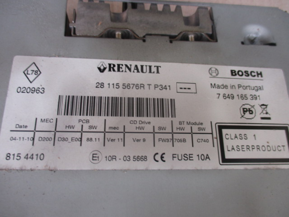 Renault Laguna dal 2007 al 2015 Stereo Bosch 7649165391 281155676R T P341
